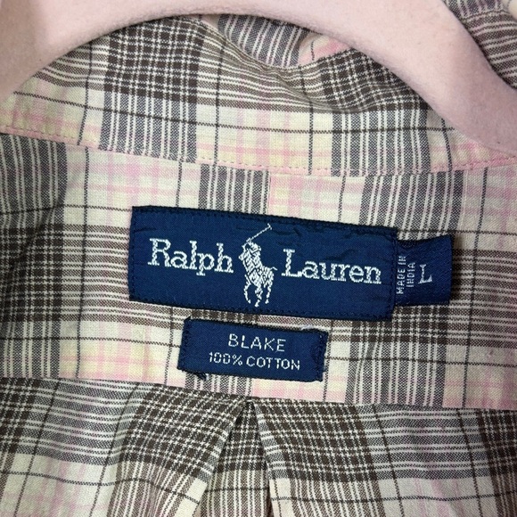 Ralph Lauren Button Down Shirt Brown Light Pink Plaid Blake Vintage size Large - Picture 2 of 6